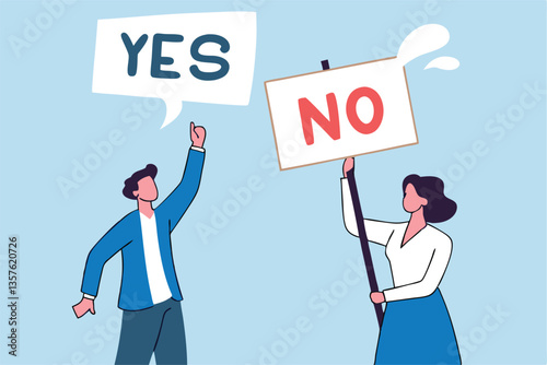 Yes, No argument or disagreement, conflict fight debate, dilemma, dispute or office rivalry war, struggle, negative discussion concept, businessman and woman arguing or fight with yes and no sign.