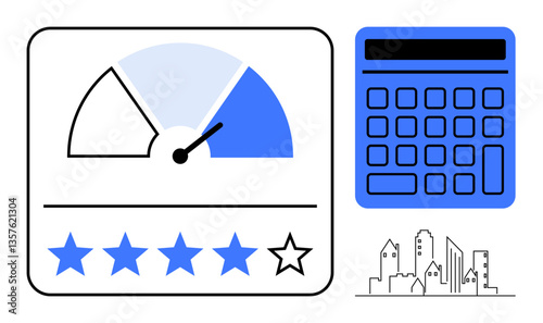 Credit score gauge with pointer, five-star rating system, blue digital calculator, and minimalistic cityscape. Ideal for finance, budgeting, credit analysis, business, urban planning investment