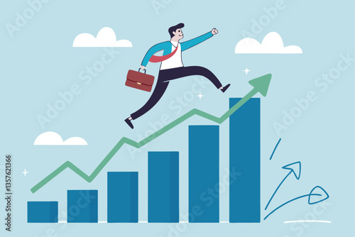 Leap forward, business change or transform to success winning, jump high challenge or progress to achievement, courage to move forward concept, businessman leap forward jump over growth rising graph.