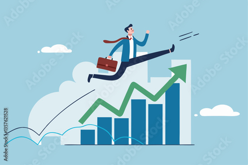 Leap forward, business change or transform to success winning, jump high challenge or progress to achievement, courage to move forward concept, businessman leap forward jump over growth rising graph.