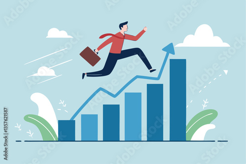Leap forward, business change or transform to success winning, jump high challenge or progress to achievement, courage to move forward concept, businessman leap forward jump over growth rising graph.