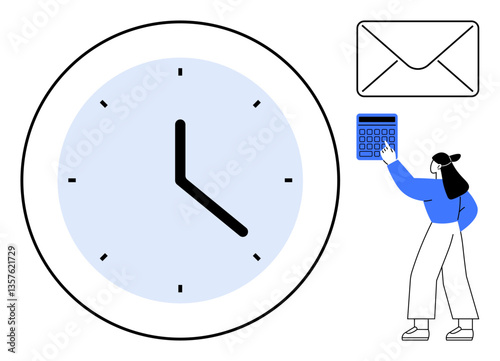 Large clock, woman using calculator, and envelope represent time tracking, productivity, communication, and organizational efficiency. Ideal for business, scheduling, time management teamwork