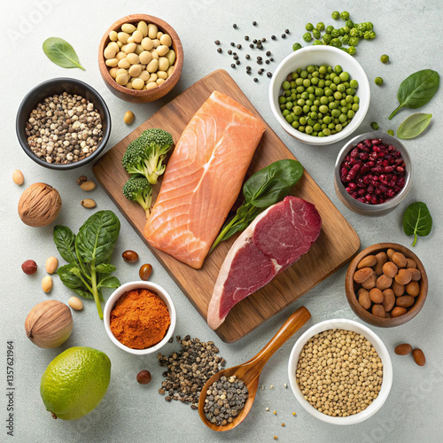 Balanced diet food background. Organic food for healthy nutrition, superfoods, meat, fish, legumes, nuts, seeds and greens