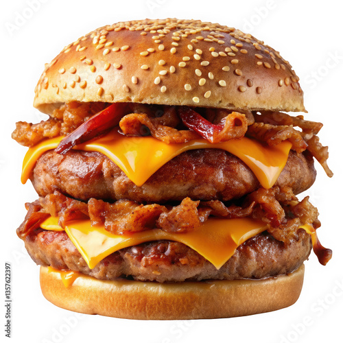 A mouthwatering double cheeseburger with crispy bacon topped with cheddar cheese, presented on a sesame seed bun, perfect for burger lovers.