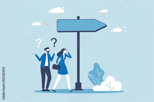 Doubt, unsure or uncertainty, decision to go right way, confusion, problem or choose direction, contemplation for career opportunity concept, business people think with question mark to go right way.