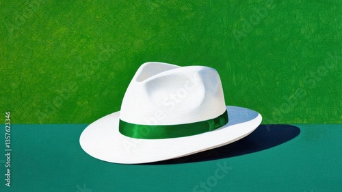 Elegant white fedora hat with a lush green ribbon set against a rich textured green background and a smooth teal surface