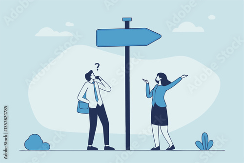Doubt, unsure or uncertainty, decision to go right way, confusion, problem or choose direction, contemplation for career opportunity concept, business people think with question mark to go right way.