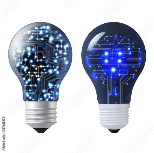 Two Glowing Blue Circuit Board Light Bulbs on Transparent Background