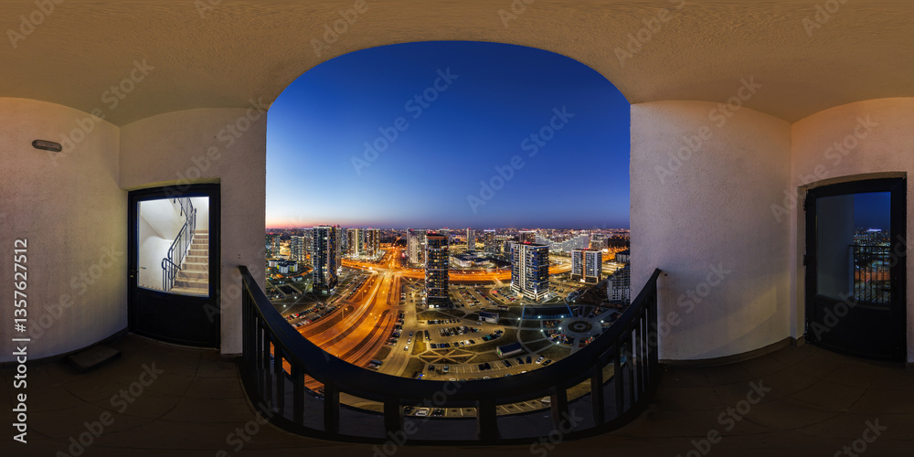 night panorama 360 in balcony of night metropolis with illumination on skyscraper multistory buildings of residential complex in equirectangular spherical projection