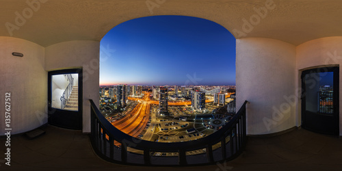 Obraz na płótnie night panorama 360 in balcony of night metropolis with illumination on skyscraper multistory buildings of residential complex in equirectangular spherical projection w salonie