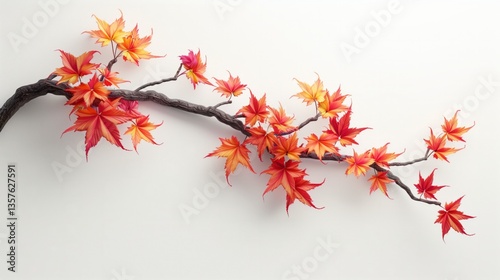 Japanese maple branch with vibrant autumn leaves against a light background  