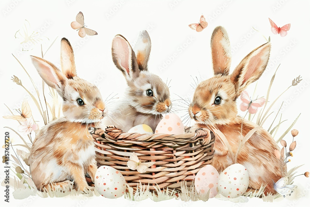 Obraz premium Hand-painted Easter rabbits with basket and spring flowers – watercolor art