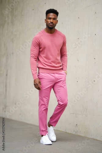 African American male model dressed in trendy clothes in pink colors. Stylish image of a modern man. The image of everyday urban clothing.