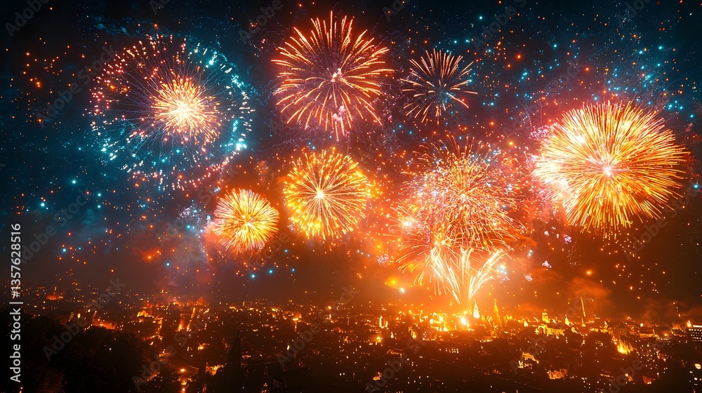 Fototapeta premium Night city fireworks display, vibrant bursts, dark sky