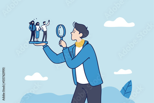 Analyze candidate, employee performance review, evaluation or analysis, choose recruitment applicants, staff or finding right person for job concept, businessman analyzing employee or job candidates.