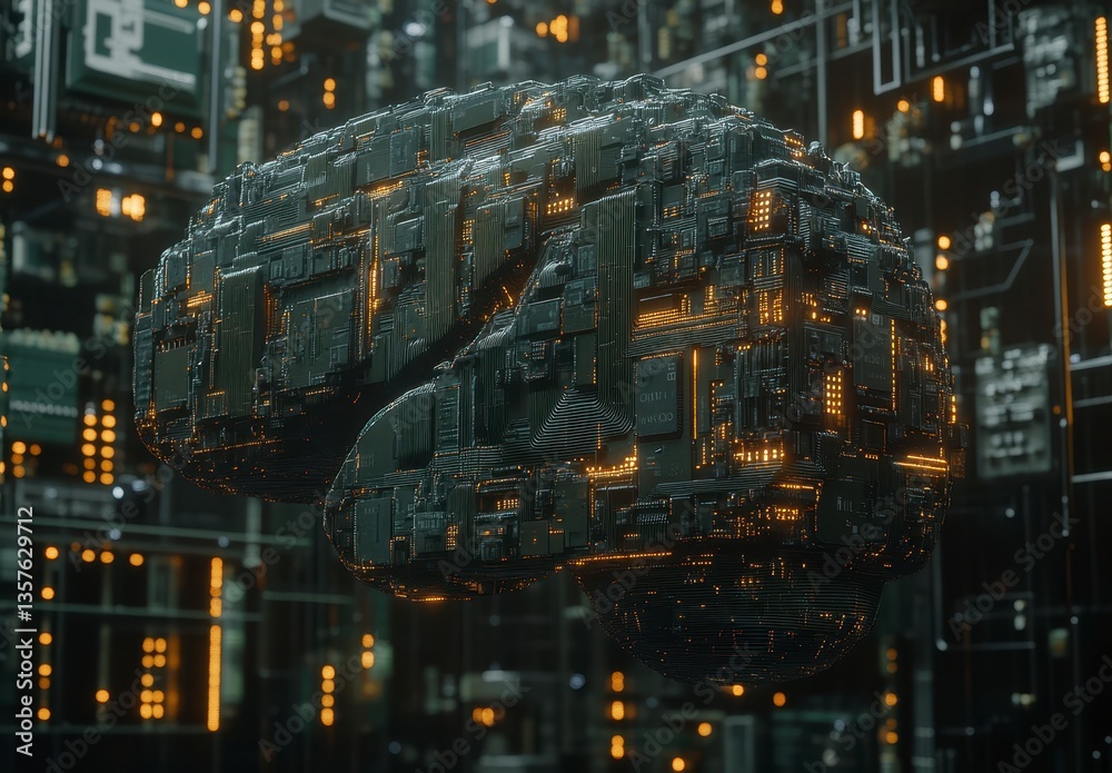Naklejka premium Glowing Metallic Brain Circuitry in Dark Digital Setting