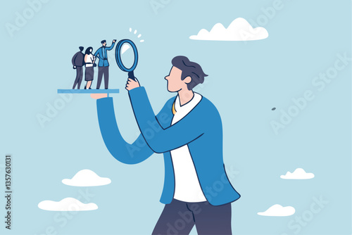 Analyze candidate, employee performance review, evaluation or analysis, choose recruitment applicants, staff or finding right person for job concept, businessman analyzing employee or job candidates.