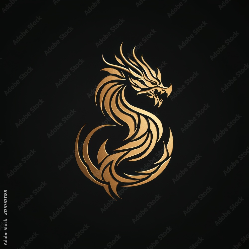 Elegant Golden Dragon Emblem on Black Background, Symbol of Power, Fantasy Creature Illustration, Metallic Design, Mythical Serpent Elegant Golden Dragon Emblem on Black Background, Symbol of Power, Fantasy Creature Illustration, Metallic Design, Mythical Serpent