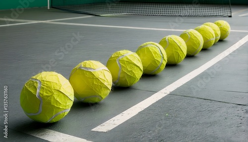 A row of large tennis balls lined up on an indoor court.