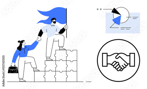 Two people standing on puzzle blocks, helping each other. Flag symbolizes leadership. Data pie chart with analysis and handshake circle reflect partnership, teamwork, and success. Ideal for business