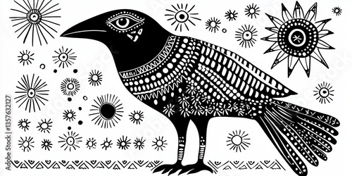 Boho-style crow colo page with intricate patterns, surrounded by artistic suns and stars for relaxation and creativity fun