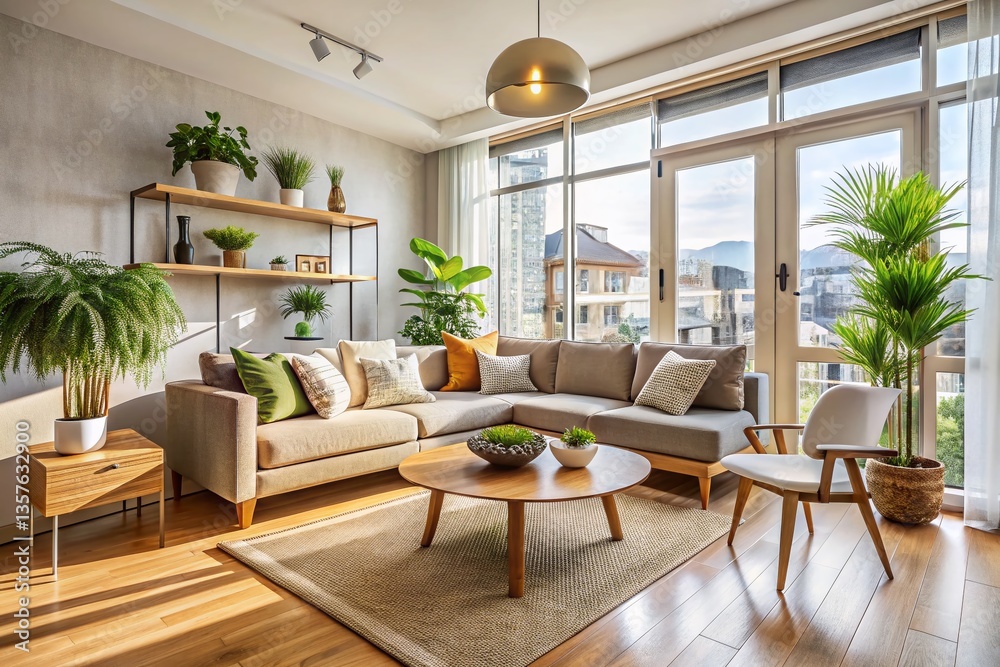 Fototapeta premium Modern Apartment Interior Design: Stylish Living Room with Cozy Sofa and Large Windows