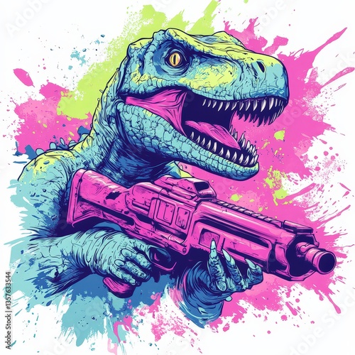 Dino holding nerf gun, splash, bold vectorcore t-shirt design