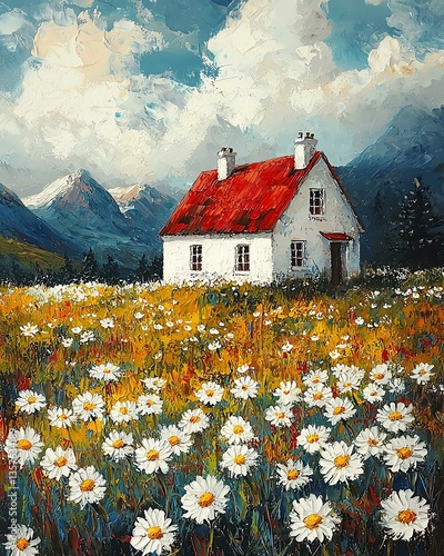 Mountain cottage A serene mountain landscape featuring a quaint house surrounded by vibrant daisies and lush green hills under a soft, clouded sky.