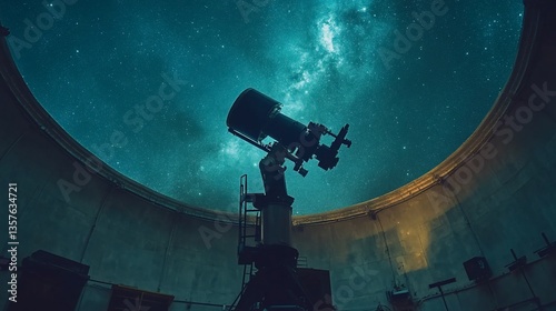Celestial observation dome with telescope under starry night