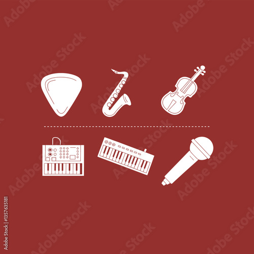 2d vector illustration icon cool entertainment cartoon character  music tools (Drum , Music Note , Headphones ,Microphone , Piano , Guitar ,Record) 
