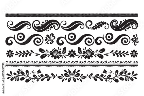 Floral Swirl Border Ornaments – Luxury Decorative Vector Silhouette Design, Elegant Floral and Swirl Borders – Ornamental Vector Silhouette Set.