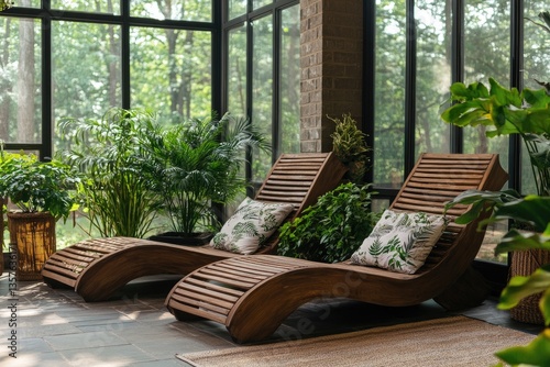 Sun-drenched relaxation area with wooden chaise lounges and lush greenery