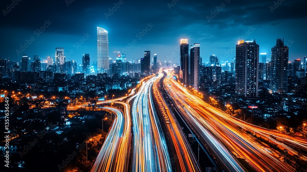 Fototapeta premium City highway at night. Urban landscape with a busy highway network illuminated by car lights