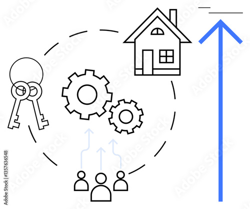 Keys, gears, house, upward arrow, and team icons represent real estate, teamwork, innovation, success property management investment and growth. Ideal for business housing collaboration