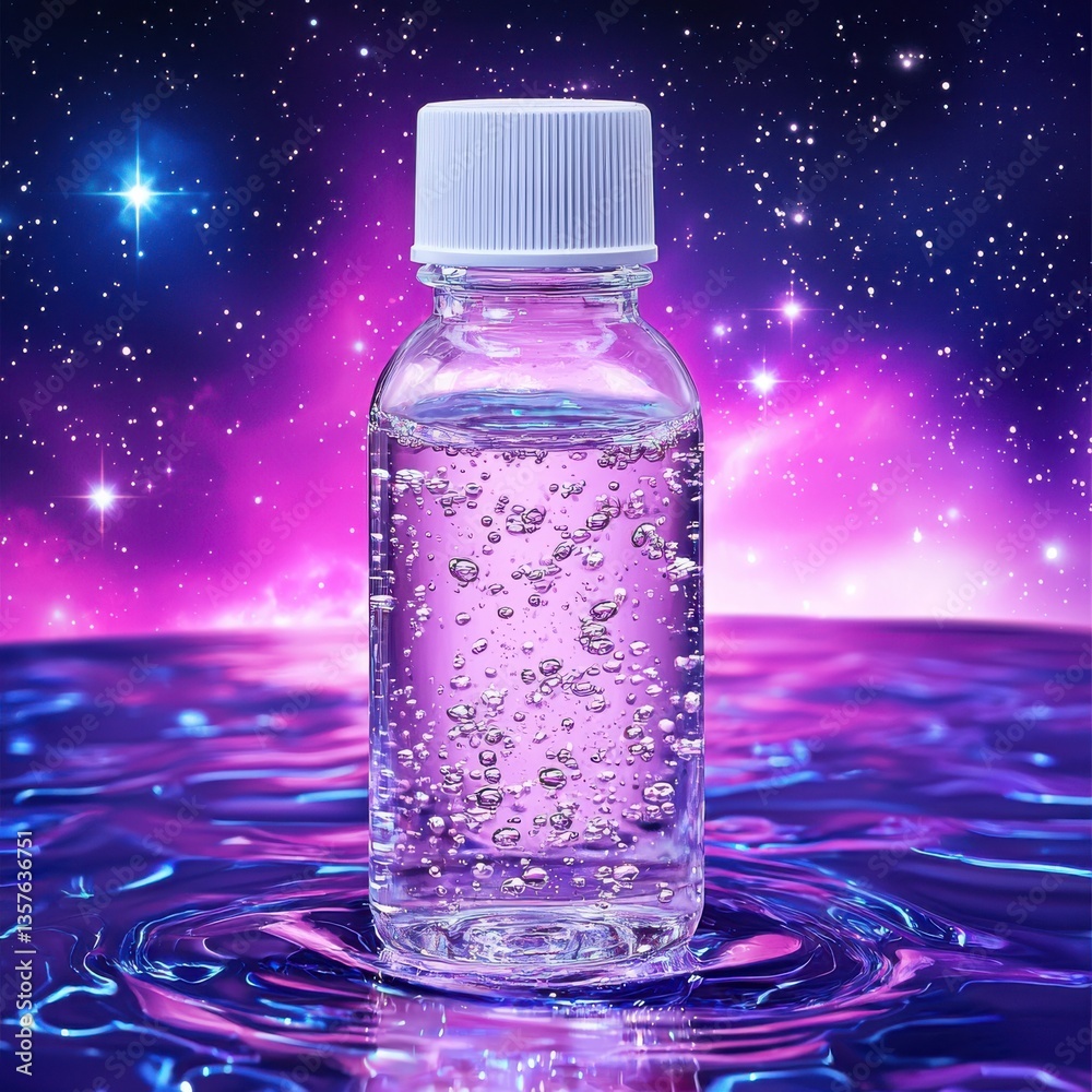 Sparkling Clear Bottle with Bubbles on Shimme Purple Water Surface Underneath a Vibrant Purple Sky Reflection Sparkling Clear Bottle with Bubbles on Shimme Purple Water Surface Underneath a Vibrant Purple Sky Reflection