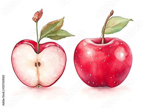 Red Apple Halved  Whole Watercolor.