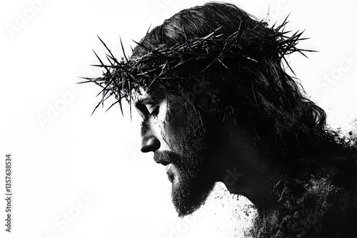 Silhouette of Jesus wearing a crown of thorns with his head bowed in sorrow, symbolizing sacrifice and redemption. Ideal for Easter, worship, and spiritual art