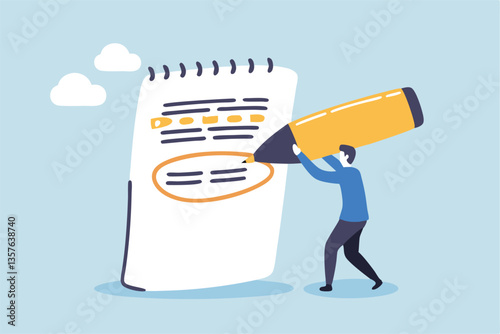 Highlight important note, serious essential word in highlight circle or underline, marked critical, vital or significant, spotlight attention concept, businessman highlight pen circle important note.