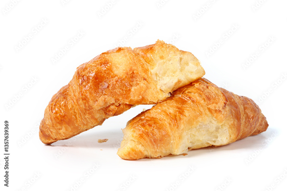 Golden, flaky butter croissant with crispy layers, isolated on a white background Golden, flaky butter croissant with crispy layers, isolated on a white background