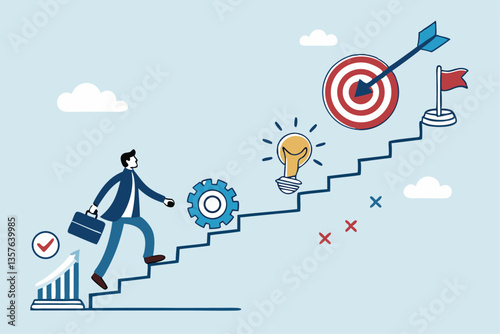 Strategy development, business improvement planning, success checklist or aspiration to growing business, career growth, checklist to success management concept, businessman walk up strategy stair.