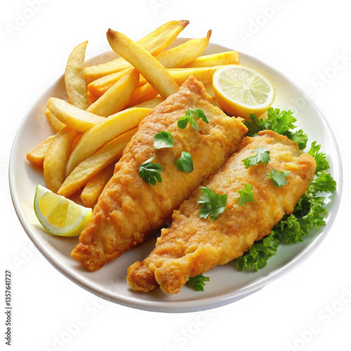 Delicious servings of golden-fried fish fillets with crispy fries, garnished with fresh herbs and lemon slices, on a classic white plate.