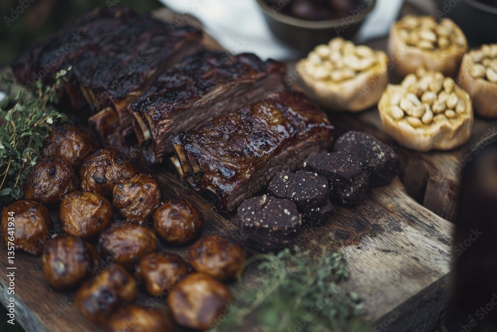 Deliciously prepared short ribs served on a rustic wooden board alongside potatoes, dark chocolates and peanut-stuffed squash. Deliciously prepared short ribs served on a rustic wooden board alongside potatoes, dark chocolates and peanut-stuffed squash.
