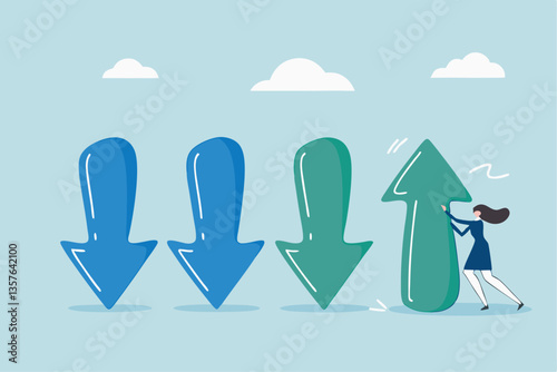 Change management, adaptation or business transformation for better result, change resistance or transition to new opportunity, improvement concept, businesswoman change arrow direction for good.