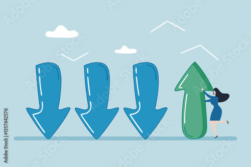 Change management, adaptation or business transformation for better result, change resistance or transition to new opportunity, improvement concept, businesswoman change arrow direction for good.