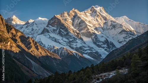 Majestic Mountain Peaks: Snow-capped mountains towering under a clear, vibrant sky. Sunlight illuminates the rugged peaks, casting long shadows across the rocky terrain.