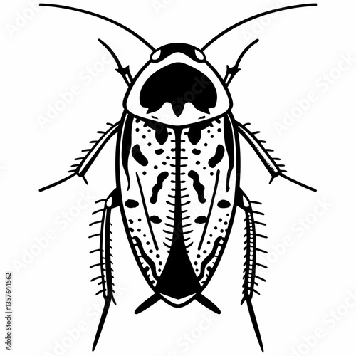 Insect Illustration: A detailed, monochromatic illustration of a cockroach showcases intricate anatomical details, rendered with precision.