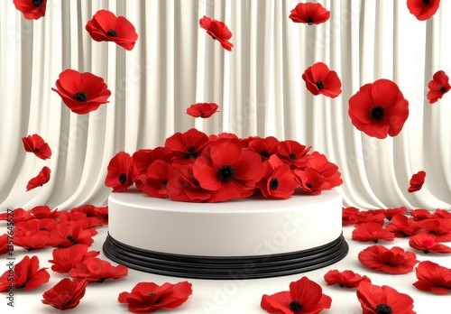 Red Poppies Falling on White Platform with Black Beads