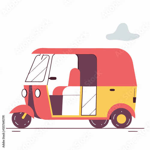 Urban Explorer: A vibrant illustration captures a cheerful auto rickshaw cruising along a sunny street, perfect for illustrating travel.