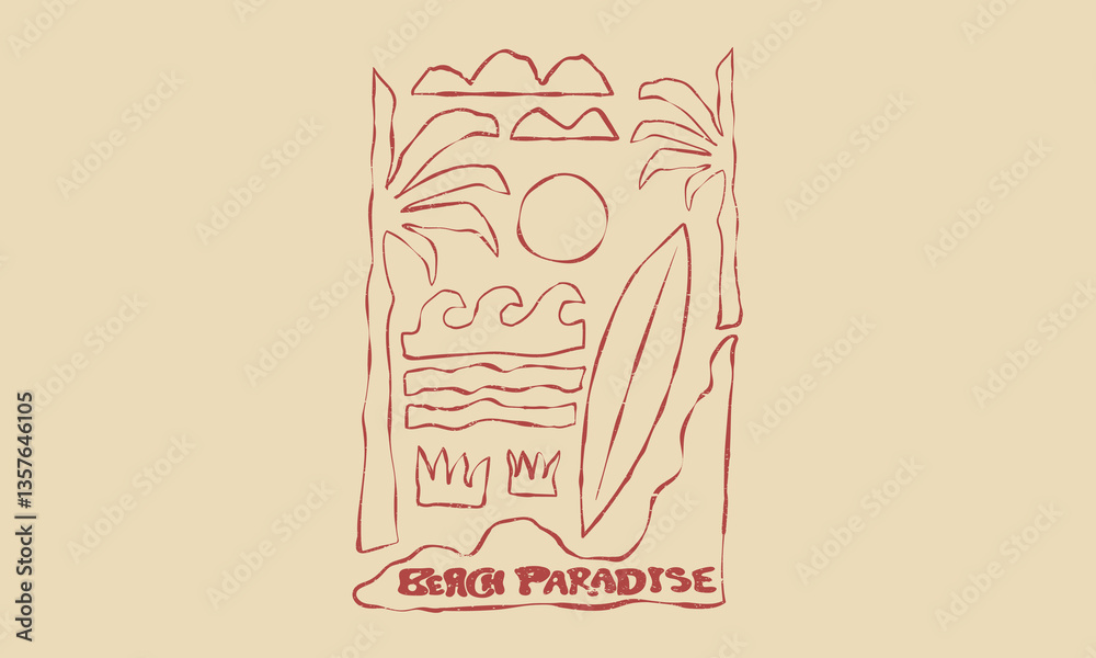 Fototapeta premium Summer vibes artwork. Surf club design. Beach modern abstract art. Sunshine paradise graphic print design. Enjoy beach life. Ocean abstract wave art. Here come the sun. Ocean line art.