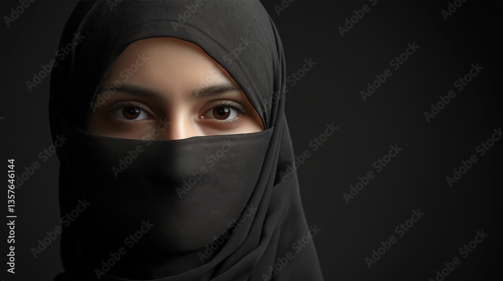 Portrait of woman in black niqab with strong eye contact expressing cultural identity, modest beauty, and traditional Islamic female representation, Generative AI Portrait of woman in black niqab with strong eye contact expressing cultural identity, modest beauty, and traditional Islamic female representation, Generative AI